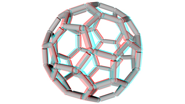Buckminsterfullerine (C60) molecule in anaglyph stereo.