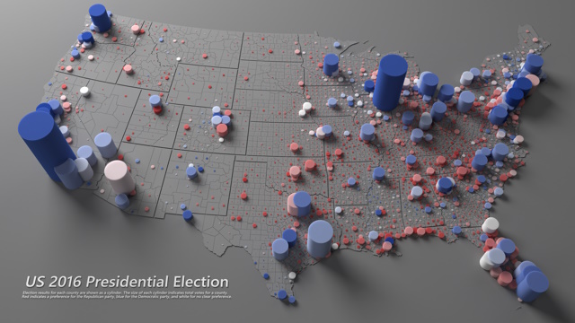 US 2016 Presidential Election Cartogram by State, County, and Party